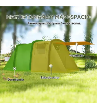 Tienda de Campaña Inflable Tipo Túnel para 3-6 Personas con Vestíbulo Ventanas de Malla y Bolsa Impermeable Verde Oliva