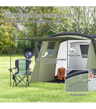 Tienda de Campaña Inflable Tipo Túnel para 3-6 Personas con Vestíbulo Ventanas de Malla y Bolsa Impermeable Verde Oliva