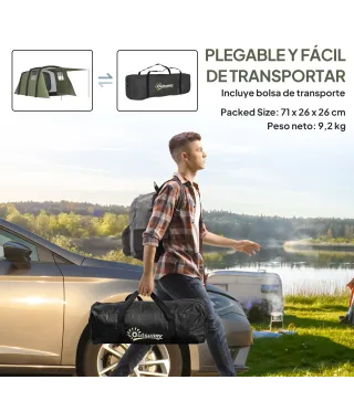 Tienda de Campaña Inflable Tipo Túnel para 3-6 Personas con Vestíbulo Ventanas de Malla y Bolsa Impermeable Verde Oliva