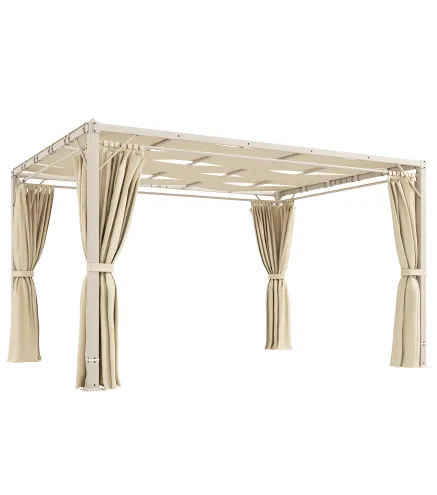 Pérgola de Jardín 3x4 m con Protección UPF 50+ Gazebo con Cortinas Estructura de Acero para Sombra Exterior Beige