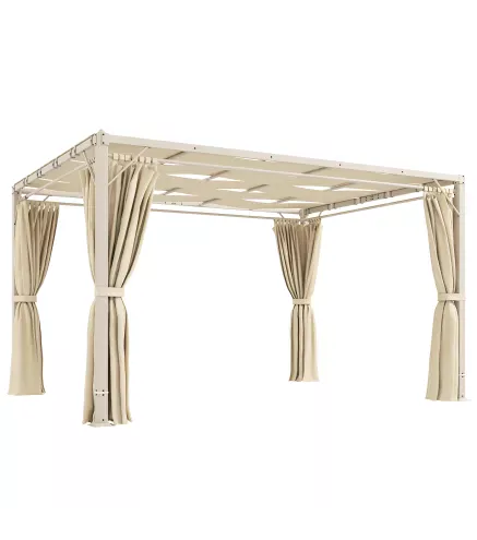 Pérgola de Jardín 3x4 m con Protección UPF 50+ Gazebo con Cortinas Estructura de Acero para Sombra Exterior Beige