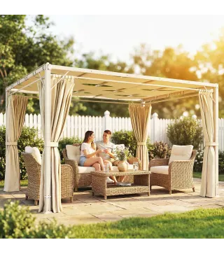 Pérgola de Jardín 3x4 m con Protección UPF 50+ Gazebo con Cortinas Estructura de Acero para Sombra Exterior Beige