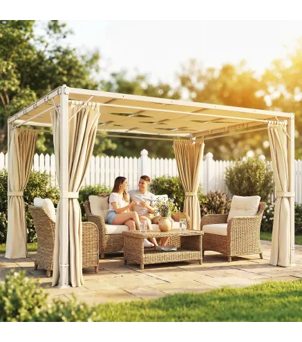 Pérgola de Jardín 3x4 m con Protección UPF 50+ Gazebo con Cortinas Estructura de Acero para Sombra Exterior Beige