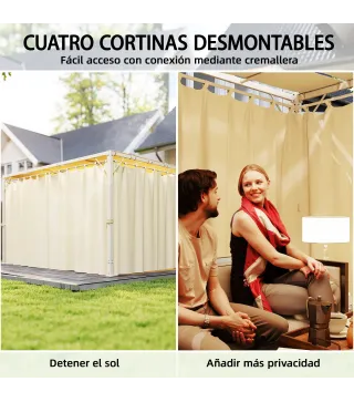 Pérgola de Jardín 3x4 m con Protección UPF 50+ Gazebo con Cortinas Estructura de Acero para Sombra Exterior Beige