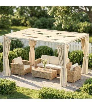 Pérgola de Jardín 3x4 m con Protección UPF 50+ Gazebo con Cortinas Estructura de Acero para Sombra Exterior Beige