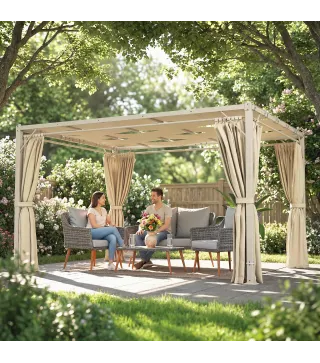 Pérgola de Jardín 3x4 m con Protección UPF 50+ Gazebo con Cortinas Estructura de Acero para Sombra Exterior Beige