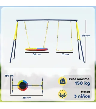 Columpio Infantil con Soporte Metálico para 3 Niños, 265x160x178 cm, Multicolor