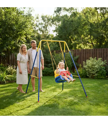 Estructura de Columpio Infantil Plegable con 2 Ganchos 4 Estacas Resistente para 50 kg Forma A 128x155x157 cm Azul