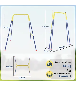 Estructura de Columpio Infantil Plegable con 2 Ganchos 4 Estacas Resistente para 50 kg Forma A 128x155x157 cm Azul