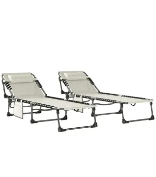 Set de 2 Tumbonas Plegables con Reposacabezas Bolsillo Lateral y Respaldo Reclinable en 5 Posiciones Blanco Crema