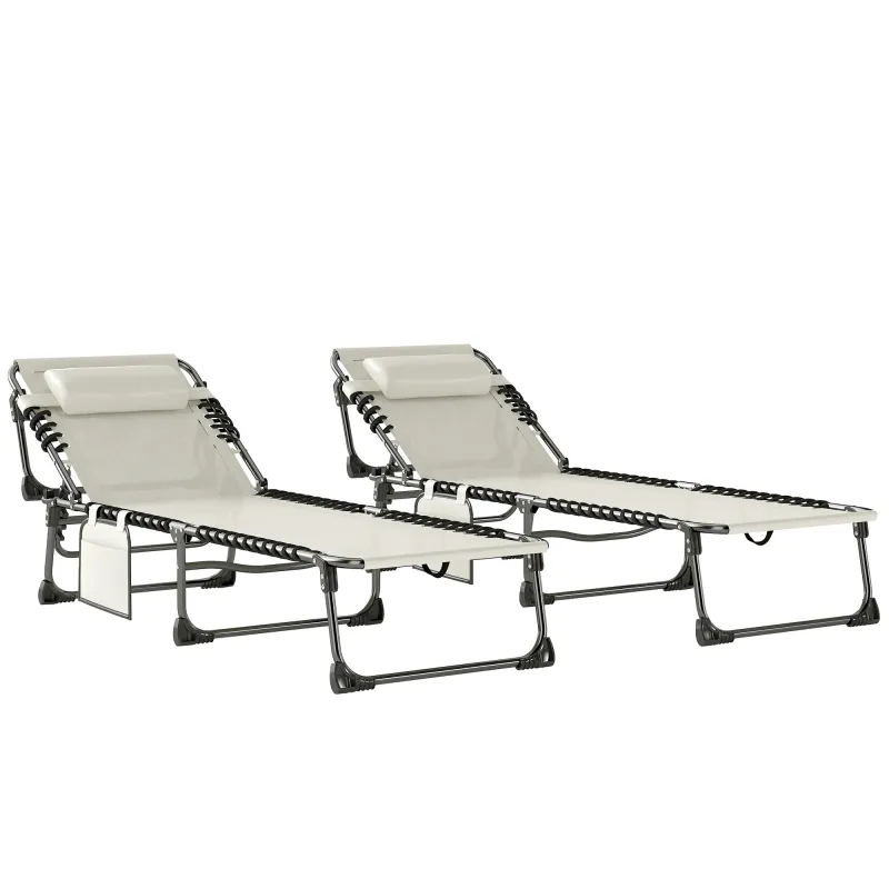 Set de 2 Tumbonas Plegables con Reposacabezas Bolsillo Lateral y Respaldo Reclinable en 5 Posiciones Blanco Crema