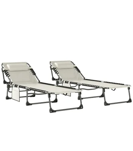 Set de 2 Tumbonas Plegables con Reposacabezas Bolsillo Lateral y Respaldo Reclinable en 5 Posiciones Blanco Crema