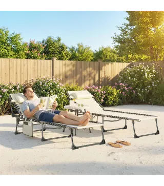 Set de 2 Tumbonas Plegables con Reposacabezas Bolsillo Lateral y Respaldo Reclinable en 5 Posiciones Blanco Crema