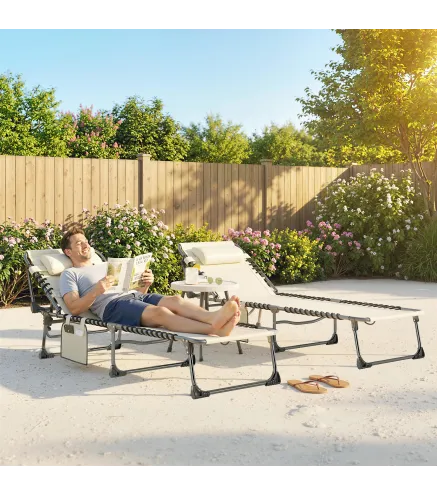 Set de 2 Tumbonas Plegables con Reposacabezas Bolsillo Lateral y Respaldo Reclinable en 5 Posiciones Blanco Crema