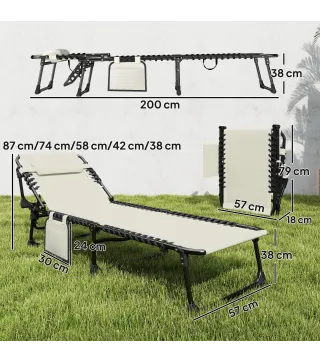 Set de 2 Tumbonas Plegables con Reposacabezas Bolsillo Lateral y Respaldo Reclinable en 5 Posiciones Blanco Crema