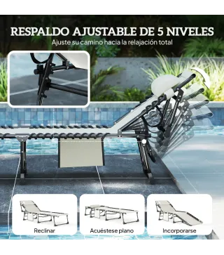 Set de 2 Tumbonas Plegables con Reposacabezas Bolsillo Lateral y Respaldo Reclinable en 5 Posiciones Blanco Crema