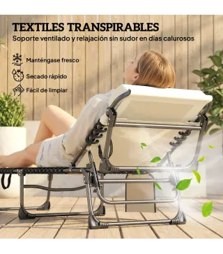 Set de 2 Tumbonas Plegables con Reposacabezas Bolsillo Lateral y Respaldo Reclinable en 5 Posiciones Blanco Crema