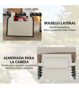 Set de 2 Tumbonas Plegables con Reposacabezas Bolsillo Lateral y Respaldo Reclinable en 5 Posiciones Blanco Crema