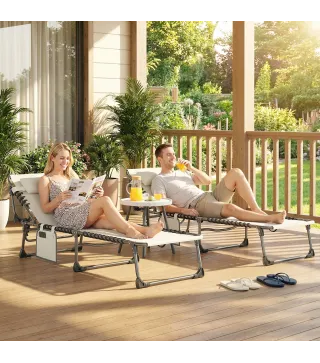 Set de 2 Tumbonas Plegables con Reposacabezas Bolsillo Lateral y Respaldo Reclinable en 5 Posiciones Blanco Crema