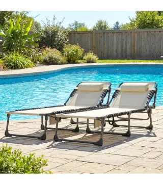 Set de 2 Tumbonas Plegables con Reposacabezas Bolsillo Lateral y Respaldo Reclinable en 5 Posiciones Blanco Crema