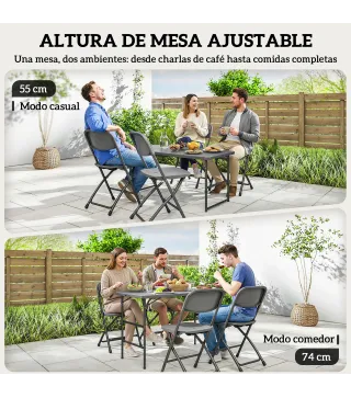 Conjunto de Mesa y Sillas Jardín con Mesa Plegable Ajustable de 55 a 74 cm y 4 Sillas Plegables para Terraza Gris