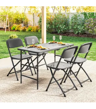 Conjunto de Mesa y Sillas Jardín con Mesa Plegable Ajustable de 55 a 74 cm y 4 Sillas Plegables para Terraza Gris