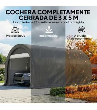 Garaje Exterior para Coche 3x5 m Impermeable con Tejido PE Resistente Marco de Acero Galvanizado UPF30+ Gris