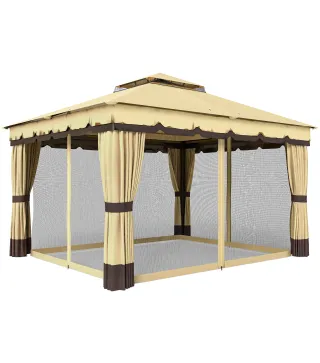 Cenador de Jardín 3,7x3 m con Doble Techo 4 Cortinas y Mosquitera Marco de Acero Orificios de Drenaje UV30+ Beige