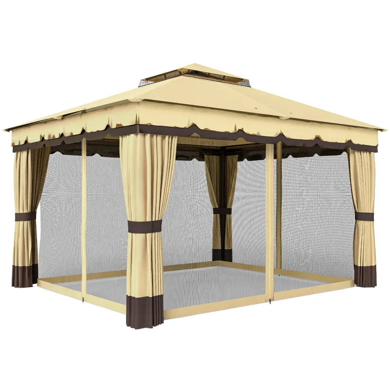 Cenador de Jardín 3,7x3 m con Doble Techo 4 Cortinas y Mosquitera Marco de Acero Orificios de Drenaje UV30+ Beige