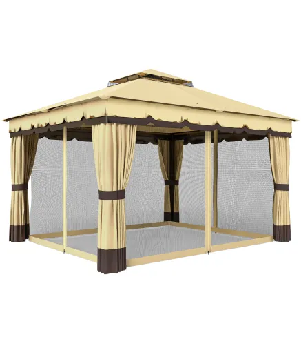 Cenador de Jardín 3,7x3 m con Doble Techo 4 Cortinas y Mosquitera Marco de Acero Orificios de Drenaje UV30+ Beige