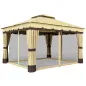 Cenador de Jardín 3,7x3 m con Doble Techo 4 Cortinas y Mosquitera Marco de Acero Orificios de Drenaje UV30+ Beige