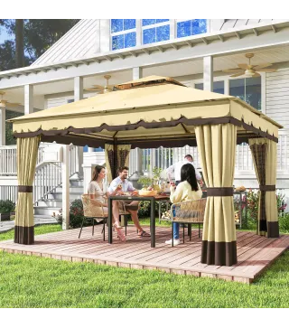 Cenador de Jardín 3,7x3 m con Doble Techo 4 Cortinas y Mosquitera Marco de Acero Orificios de Drenaje UV30+ Beige