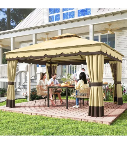Cenador de Jardín 3,7x3 m con Doble Techo 4 Cortinas y Mosquitera Marco de Acero Orificios de Drenaje UV30+ Beige