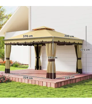 Cenador de Jardín 3,7x3 m con Doble Techo 4 Cortinas y Mosquitera Marco de Acero Orificios de Drenaje UV30+ Beige