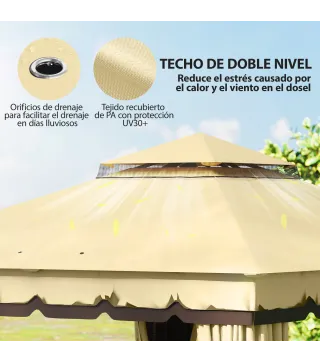Cenador de Jardín 3,7x3 m con Doble Techo 4 Cortinas y Mosquitera Marco de Acero Orificios de Drenaje UV30+ Beige