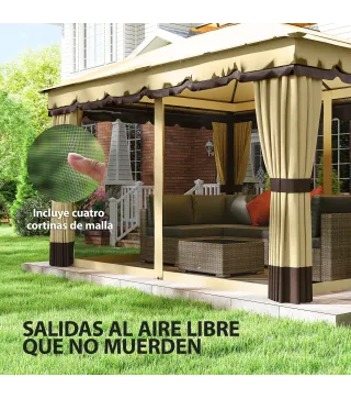 Cenador de Jardín 3,7x3 m con Doble Techo 4 Cortinas y Mosquitera Marco de Acero Orificios de Drenaje UV30+ Beige