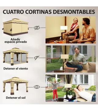 Cenador de Jardín 3,7x3 m con Doble Techo 4 Cortinas y Mosquitera Marco de Acero Orificios de Drenaje UV30+ Beige