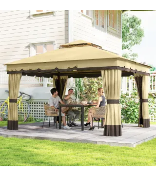 Cenador de Jardín 3,7x3 m con Doble Techo 4 Cortinas y Mosquitera Marco de Acero Orificios de Drenaje UV30+ Beige