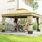 Cenador de Jardín 3,7x3 m con Doble Techo 4 Cortinas y Mosquitera Marco de Acero Orificios de Drenaje UV30+ Beige
