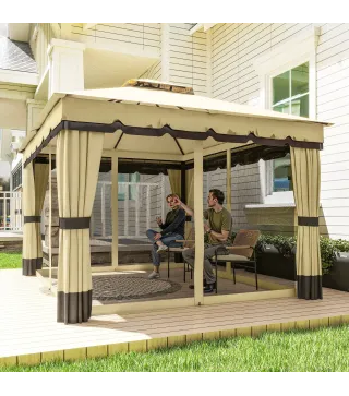 Cenador de Jardín 3,7x3 m con Doble Techo 4 Cortinas y Mosquitera Marco de Acero Orificios de Drenaje UV30+ Beige