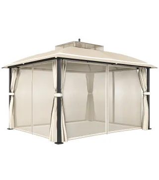 Carpa para Jardín con Techo Doble Cenador con Mosquiteras y Cortinas para Exterior Terraza 370x303x290 cm Beige