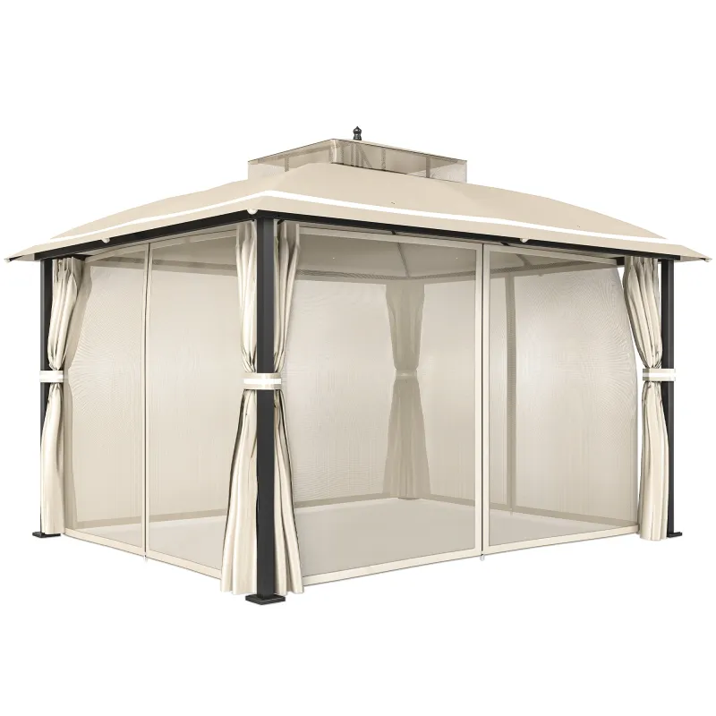 Carpa para Jardín con Techo Doble Cenador con Mosquiteras y Cortinas para Exterior Terraza 370x303x290 cm Beige Carpa para Jardín con Techo Doble Cenador con Mosquiteras y Cortinas para Exterior Terraza 370x303x290 cm Beige