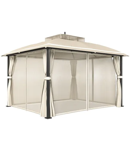 Carpa para Jardín con Techo Doble Cenador con Mosquiteras y Cortinas para Exterior Terraza 370x303x290 cm Beige