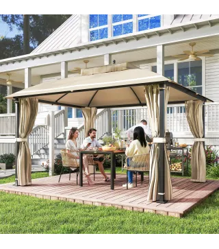 Carpa para Jardín con Techo Doble Cenador con Mosquiteras y Cortinas para Exterior Terraza 370x303x290 cm Beige