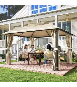 Carpa para Jardín con Techo Doble Cenador con Mosquiteras y Cortinas para Exterior Terraza 370x303x290 cm Beige