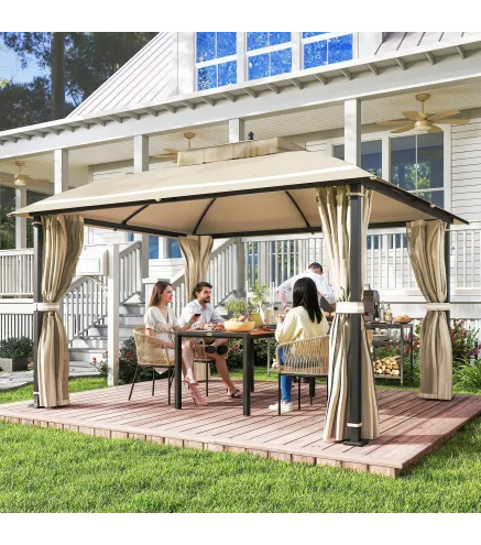 Carpa para Jardín con Techo Doble Cenador con Mosquiteras y Cortinas para Exterior Terraza 370x303x290 cm Beige