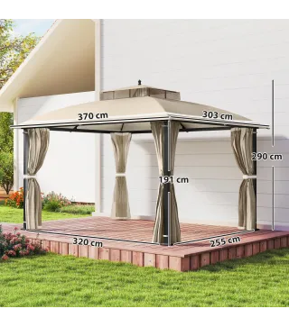 Carpa para Jardín con Techo Doble Cenador con Mosquiteras y Cortinas para Exterior Terraza 370x303x290 cm Beige