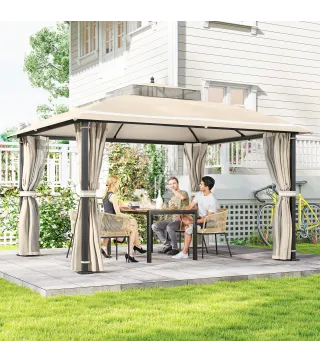 Carpa para Jardín con Techo Doble Cenador con Mosquiteras y Cortinas para Exterior Terraza 370x303x290 cm Beige