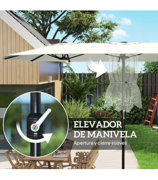 Sombrilla Doble 4,6x2,6 m con Manivela y Protección UV50+, Blanco Crema