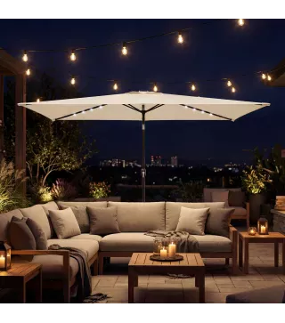 Sombrilla de Jardín con 24 Luces LED Solares Dosel Inclinable Poste Metálico 2,9x2,5 m Crema